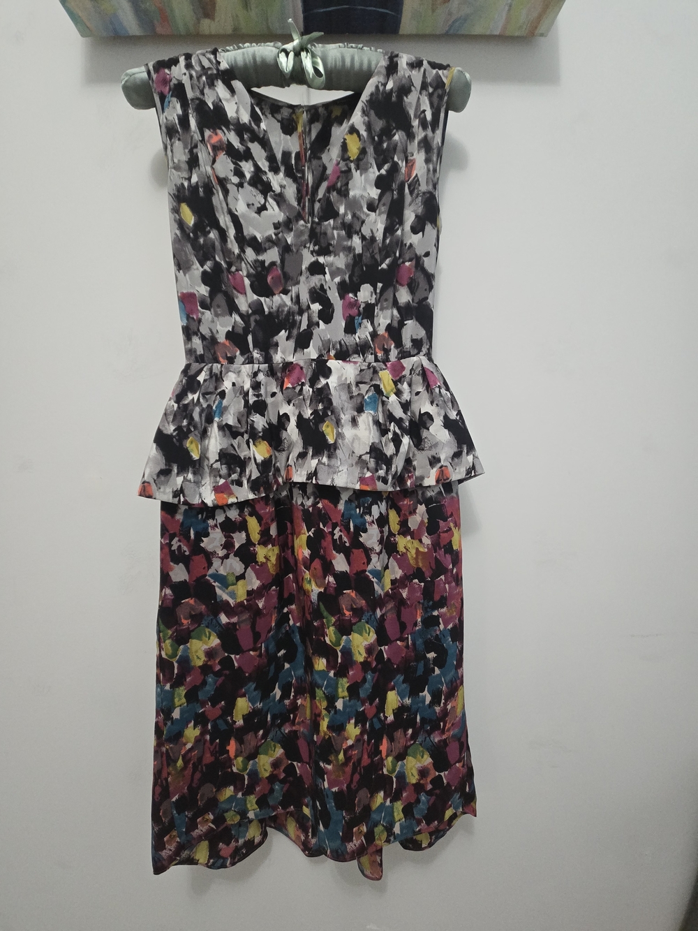 BCBGMaxAzria Abstract Brushstroke Peplum Midi Dress in Black & Multicolor SILK